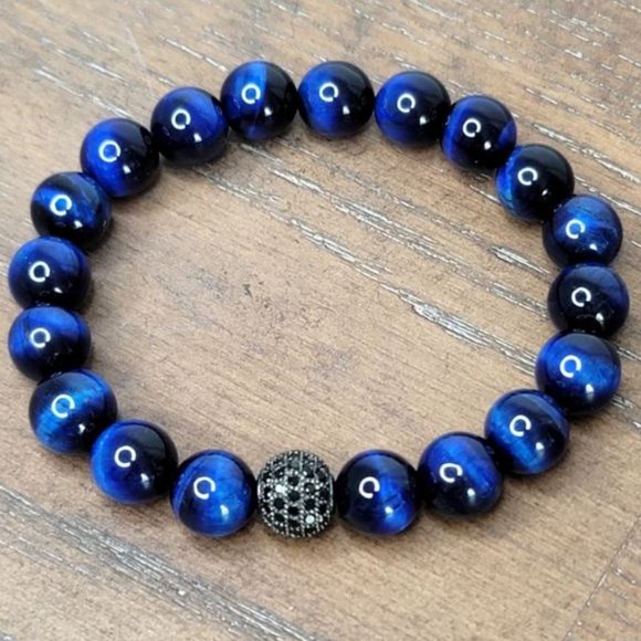 10mm Polished Dark Blue Tiger Eye Crystal Ball Stretch Bracelet - Picture 1 of 11